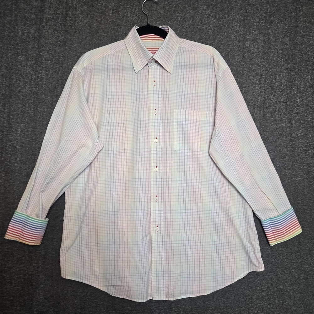 Mens Bugatchi Uomo Button Up Shirt Sz M Rainbow White Check Flip Cuff